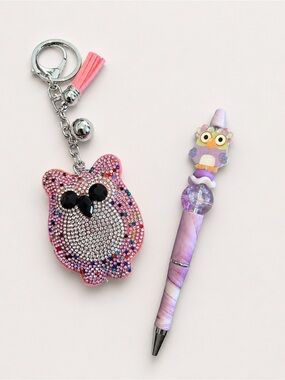 Pink Rhinestone Owl Keychain with Purple and pink handmade Owl Pen